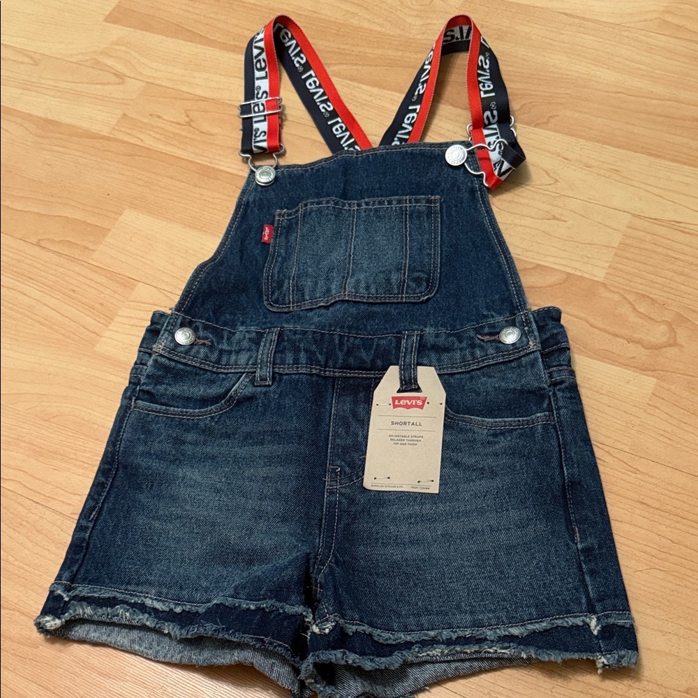 Levi's Dark Blue Denim Shortalls with Branded Red & Black Straps
